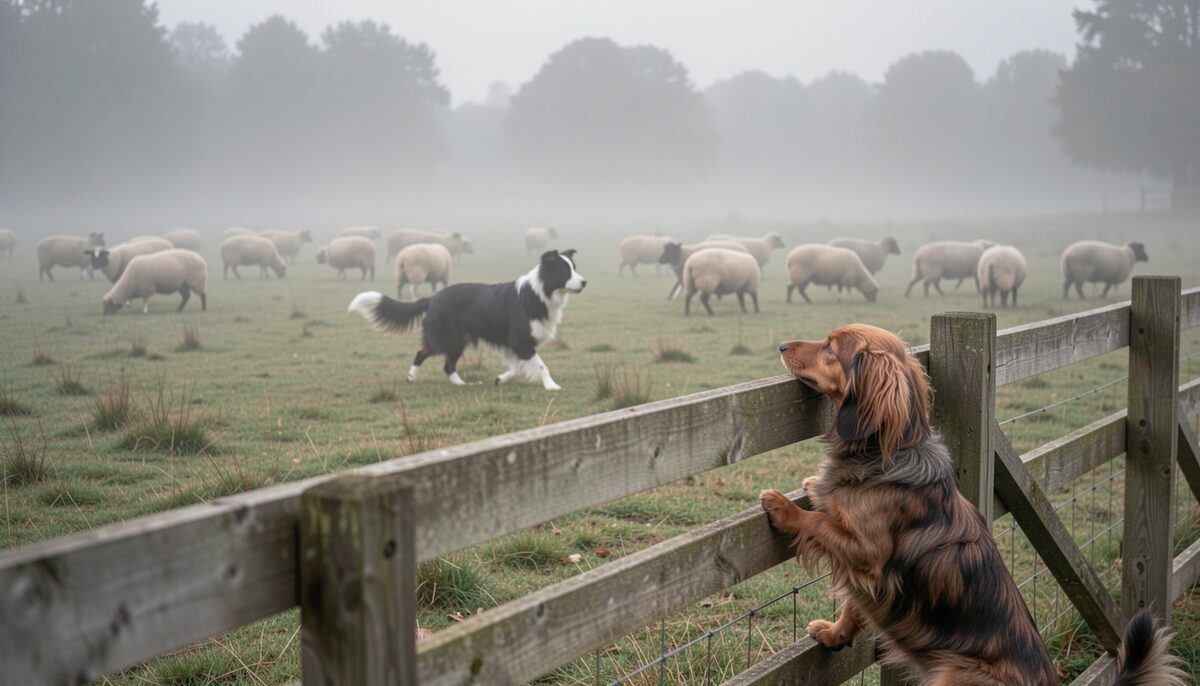 A border collie working sheep in a misty morning field while a dachshund watches from a fence line in the foreground