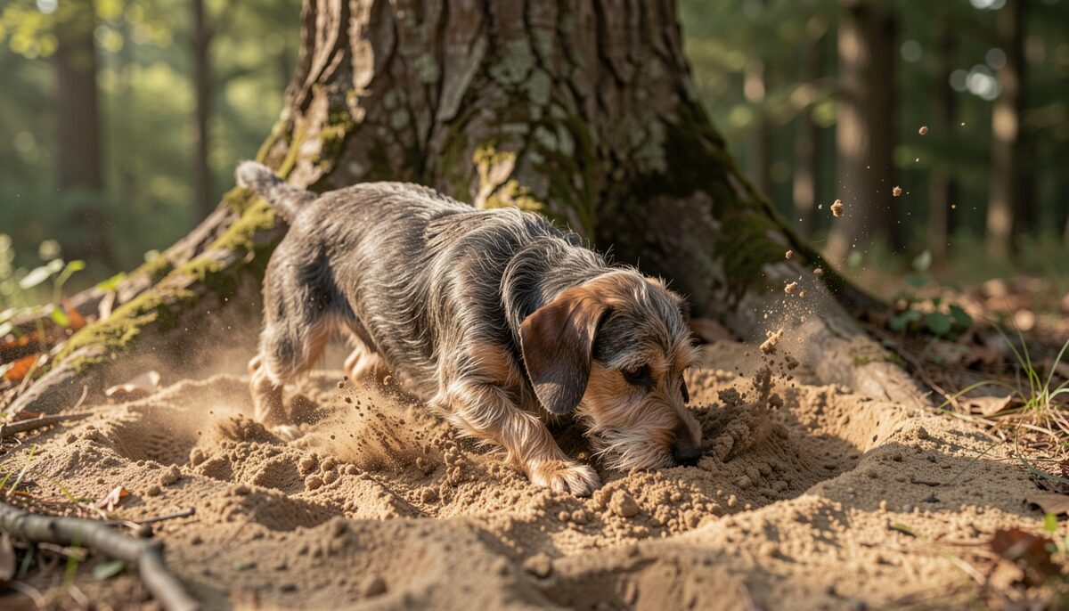 A wire-haired dachshund digging into sandy soil at the base of an oak tree, dirt flying, determined posture