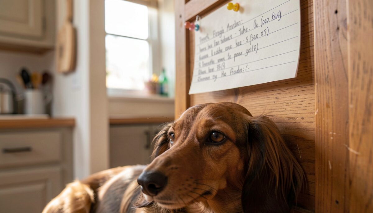 A handwritten litter card pinned to a wooden kennel board, whelping dates in neat rows, a sleeping dachshund in the blurred background