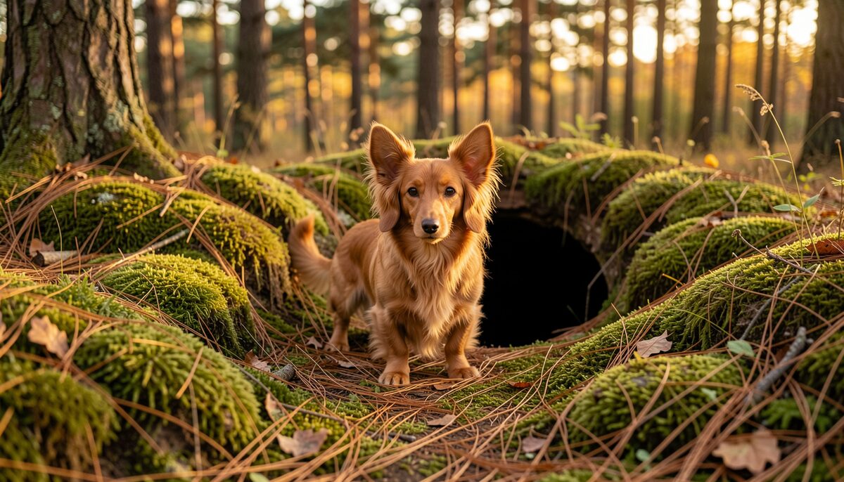 A miniature dachshund standing alert at the dark entrance of a badger sett in a pine forest floor, ears up