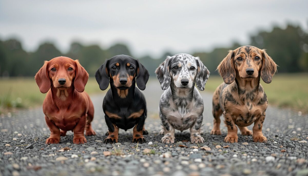 Four miniature dachshunds of different coat colours standing in a row on a gravel path, red, black-and-tan, dapple and brindle