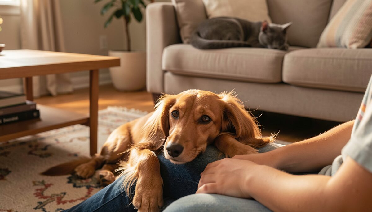 A miniature dachshund resting between a child's legs on a living room rug, a cat sleeping on the sofa arm nearby