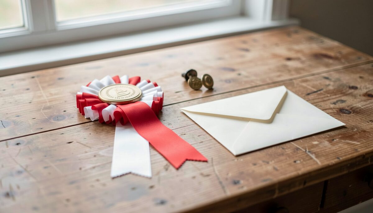 A handwritten critique card and a rosette laid on a wooden table beside a small open studbook, soft window light