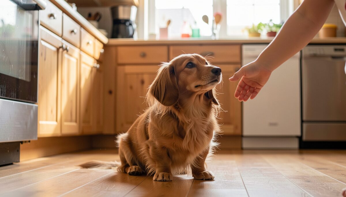 A long-haired miniature dachshund looking up at a child's hand in a kitchen, calm and steady, warm indoor light