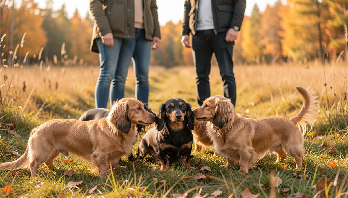 Several adult long-haired dachshunds meeting on a grassy field edge in autumn light, owners standing in a loose circle