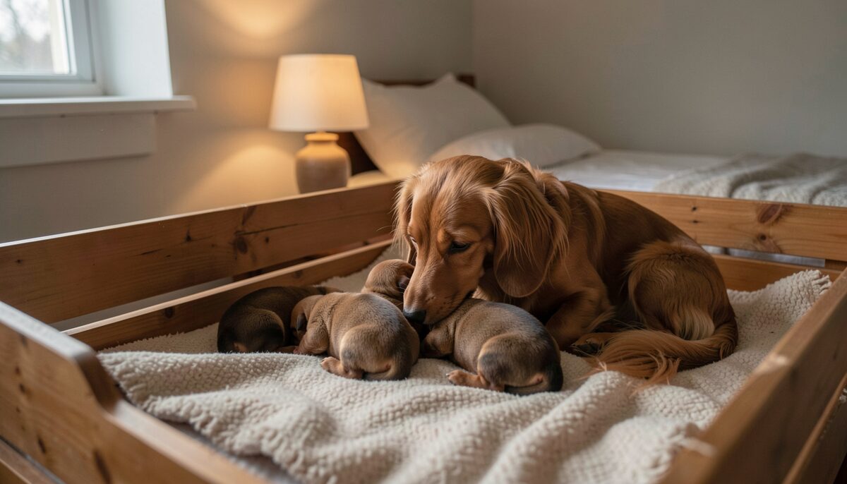 A wooden whelping box in a quiet bedroom corner with a mother dachshund nursing tiny puppies on a fleece, night lamp glowing