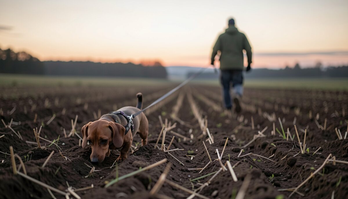 A dachshund on a tracking line in a ploughed field at dusk, nose down, handler following at a distance with a long lead