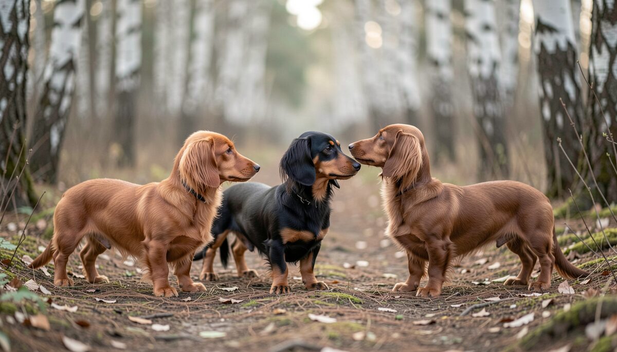 Three long-haired miniature dachshunds standing in profile on a path through birch trees, chestnut and black-and-tan coats