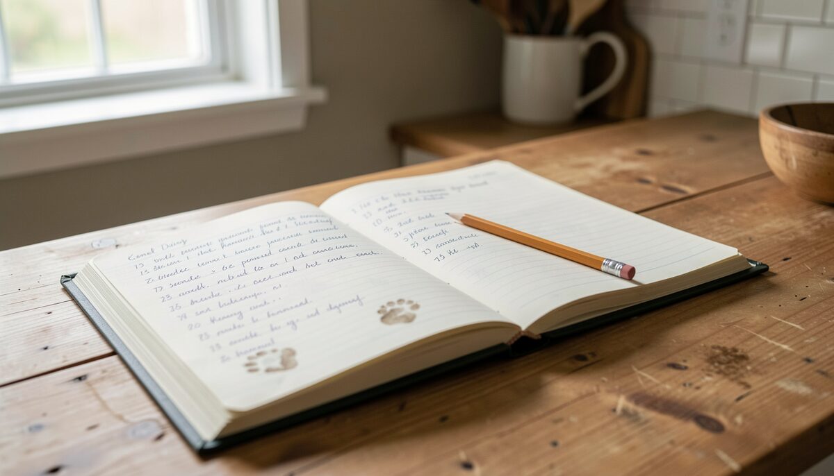 An open kennel diary on a kitchen table with dated entries, a pencil and a paw print on the margin, morning light